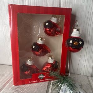 December Home Cardinal Glass Ornaments Set Of 5 Red Black Glitter